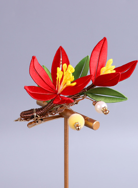 新中式手工缠花红兰花发夹婚嫁