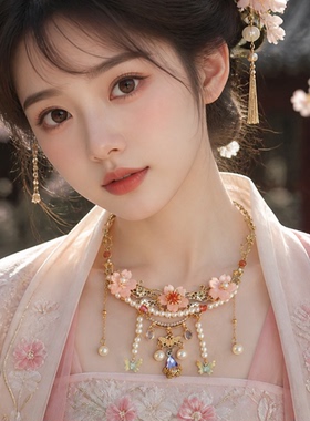 新中式原创花朵仿珍珠项圈汉服旗袍古风项链女流苏璎珞项圈配饰女