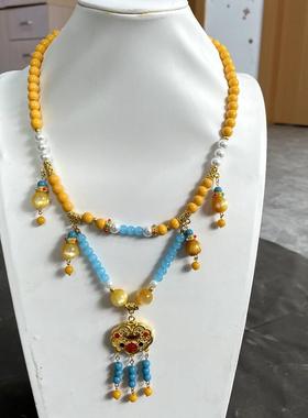 （灵犀）原创黄色小清新感项链新中式配饰吊坠旗袍汉服长命锁毛衣