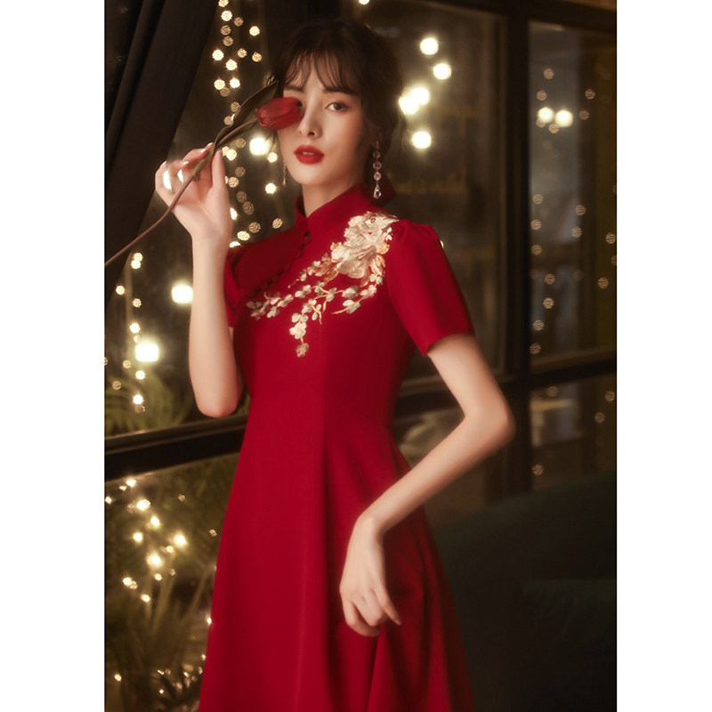 旗袍2020新款小个子酒红色敬酒服 笛梵莉礼服/晚装