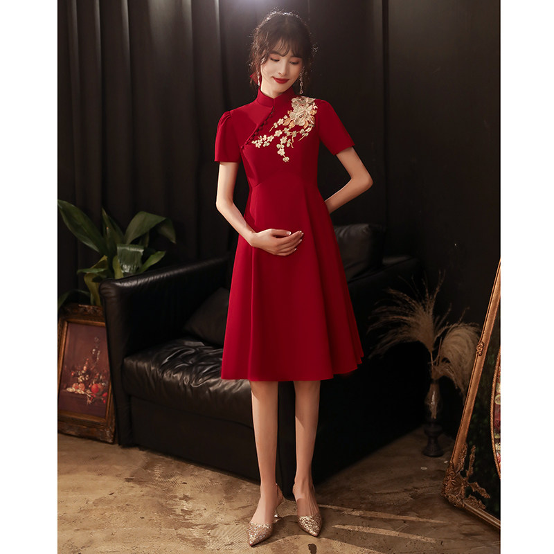 旗袍2020新款小个子酒红色敬酒服 笛梵莉礼服/晚装