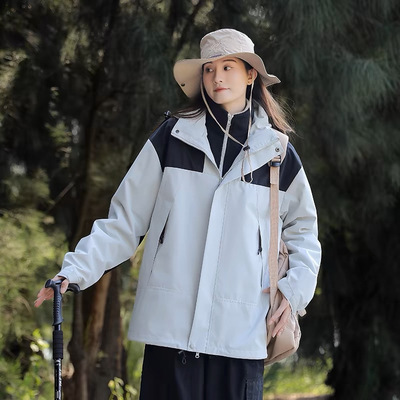 真维斯秋冬户外冲锋衣三合一男女加厚款防风防水连帽可拆卸外套男