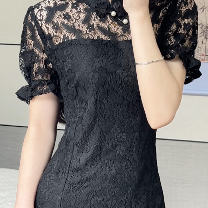 黑色鱼尾旗袍新款2024年轻款高端气质高级感蕾丝连衣裙小个子夏季