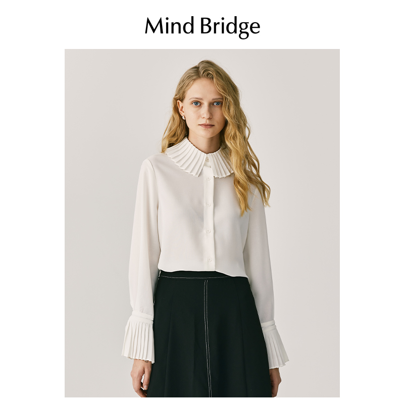 MindBridge 女士长袖白色衬衣春季设计感小众上衣英伦复古衬衫 - 图1