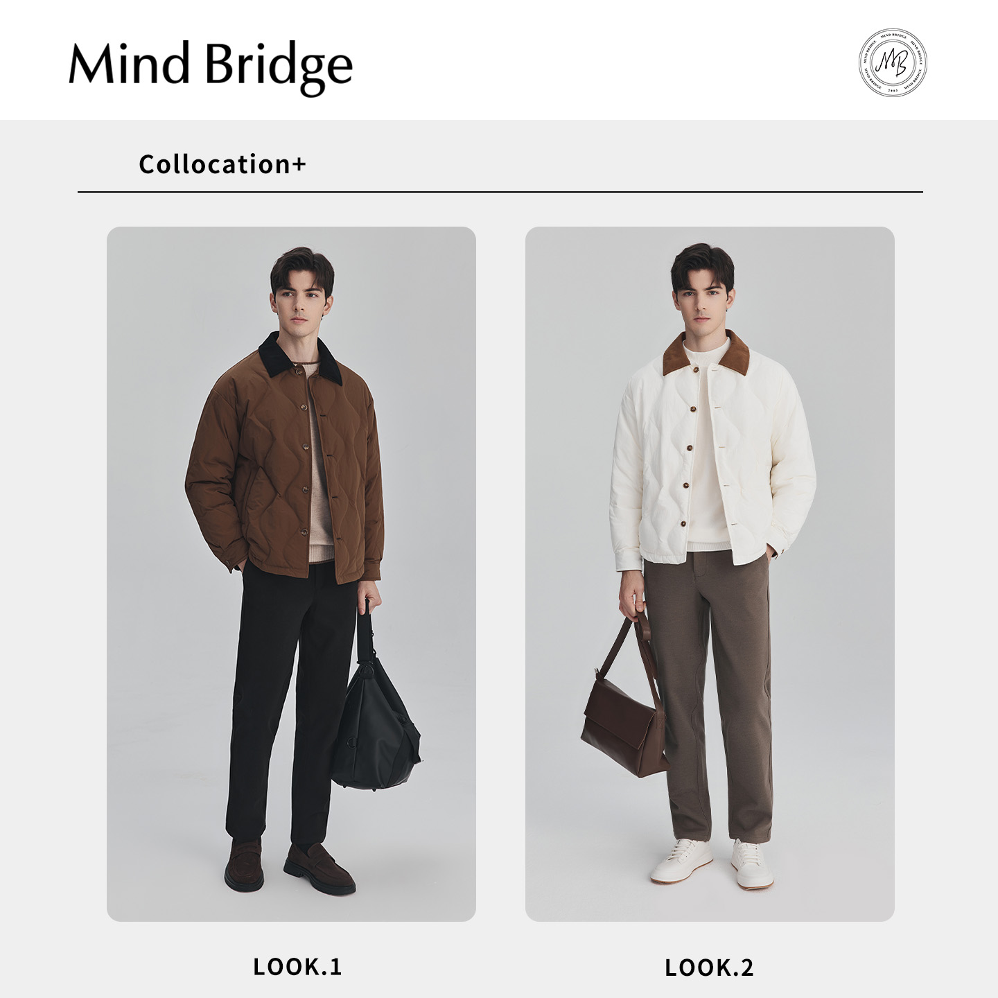 Mind Bridge2025年冬轻薄保暖外套男士复古撞色翻领巴恩风羽绒服 - 图1