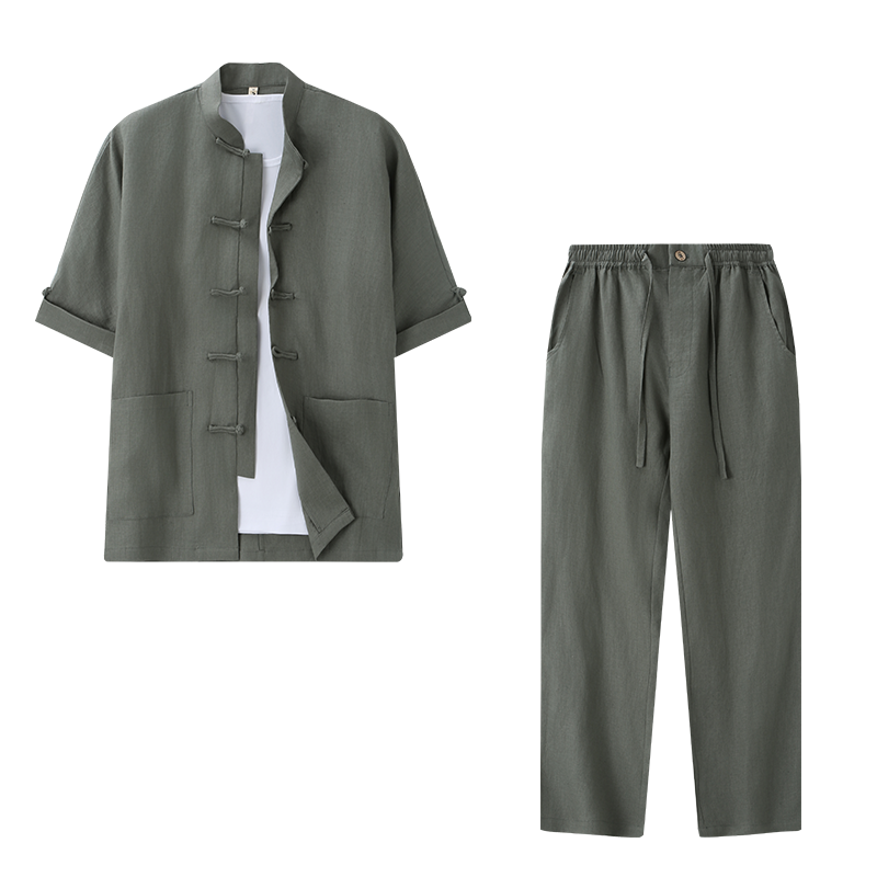 中国风100%亚麻短袖衬衫套装男夏季宽松薄款上衣立领复古休闲半袖,淘宝优惠券,粉丝福利购,淘宝优惠卷