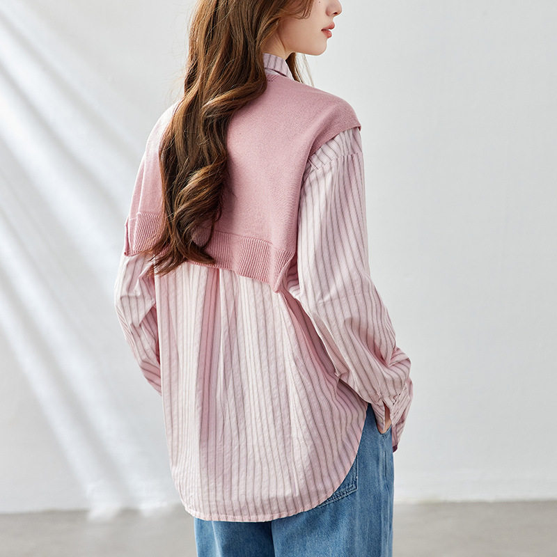 粉色条纹衬衫女长袖春秋冬装新款针织披肩上衣设计感女式衬衣,淘宝优惠券,粉丝福利购,淘宝优惠卷