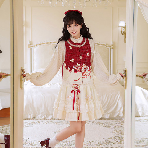 汉尚华莲[苹果派]原创汉服女汉元素红色小香风半身裙秋冬日常套装 - 图2