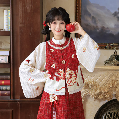 汉尚华莲[苹果派]原创汉服女汉元素红色小香风半身裙秋冬日常套装 - 图1