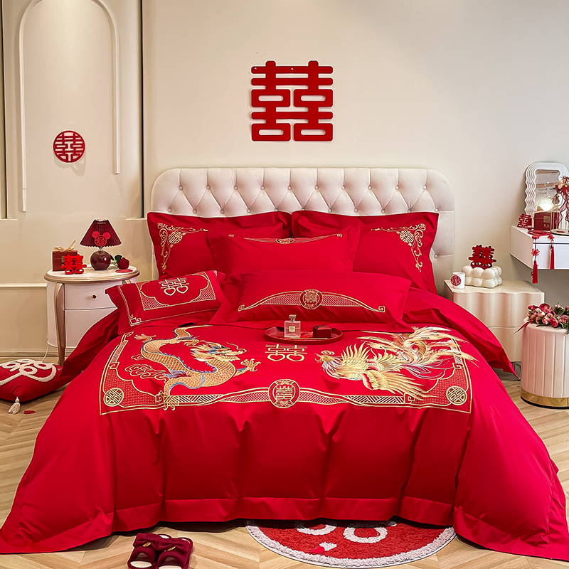 中式婚庆大红色龙凤刺绣结婚四件套新房备婚喜被床上用品被套床单 - 图1