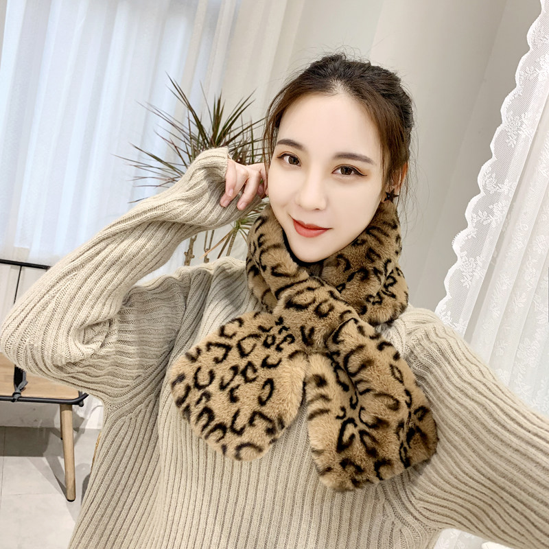 交叉围脖网红女韩版百搭豹纹毛毛领子时尚加厚冬季脖套仿皮草围巾,淘宝优惠券,粉丝福利购,淘宝优惠卷