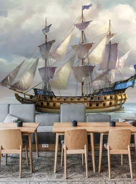 玄关装饰画船背景墙墙面海报上贴画壁画货船公司游艇壁纸贴纸墙纸