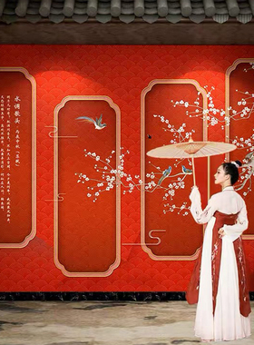 中国风故宫红墙壁纸墙纸自粘国潮中式红色背景墙贴画墙面装饰贴纸
