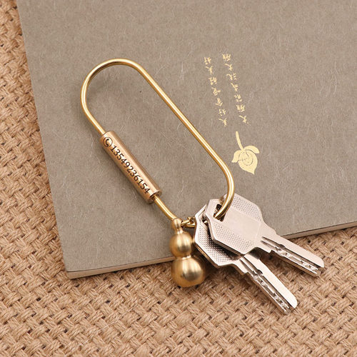 手工黄铜钥匙扣创意复古纯铜简约汽车钥匙圈大容量环扣定制刻号码 - 图0