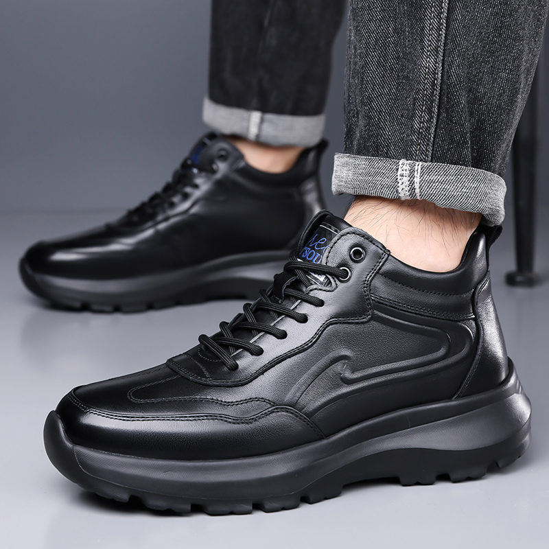 棉鞋男士冬季新款高帮户外休闲皮鞋男黑色厚底百搭加绒保暖雪地靴 - 图2