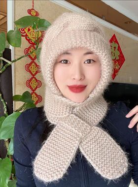 女冬季毛线帽针织棋盘格手工编织围巾一体保暖围脖防寒加厚风雪帽