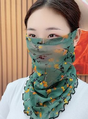 夏天挂耳面纱小丝巾薄款防晒面罩口罩女时尚全脸护颈脖套围脖两用