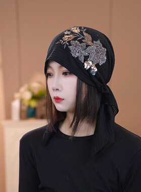 新款秋冬保暖飘带包头帽高端刺绣钉珠女帽子骑车遮白发百搭包头帽
