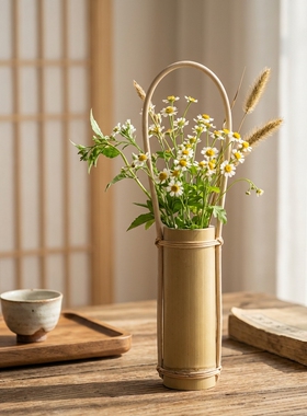 耕云 白竹绕藤竹筒花器花入 日式鲜花插花 竹篮花篮 日式花道台湾
