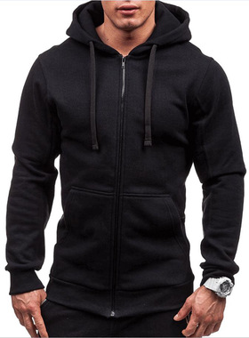 男纯色拉链外套开衫连帽卫衣