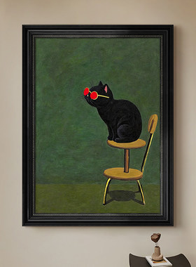 中古风小众客厅装饰画黑色猫咪包豪斯手绘油画绿色高级感玄关挂画