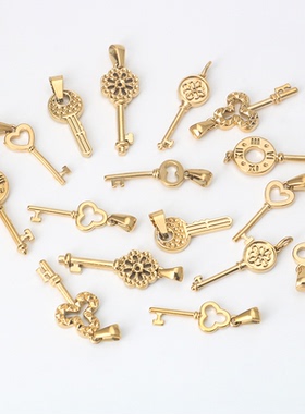 男女18K金色钥匙吊坠不锈钢