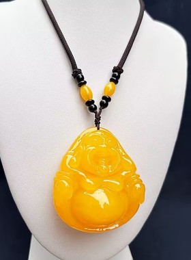 高端蜜蜡色佛像吊坠项链琥珀血珀大肚笑佛白蜜挂坠观音男女毛衣链