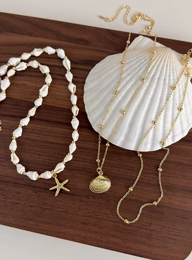 波西米亚复古金色贝壳串珠锁骨链