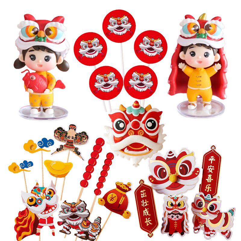 舞狮醒狮蛋糕装饰插牌中式国潮风宝宝周岁满月生日宴甜品插件配件 - 图0