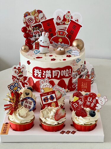 中式醒狮舞狮蛋糕装饰摆件兔宝宝一周岁生日蛋糕中国风插件周岁礼 - 图0