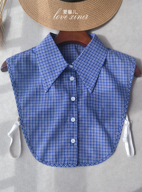爱馨儿原创蓝格100%纯棉假领子设计感大尖领假衬衫春秋新款小众领