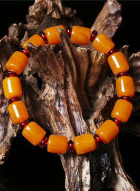 老蜜蜡手串民族风琥珀手链男女款单圈鸡油黄桶珠手首饰品百搭礼物