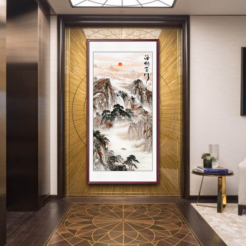 迎客松装饰画入户玄关挂画新中式别墅客厅风景画走廊尽头山水画
