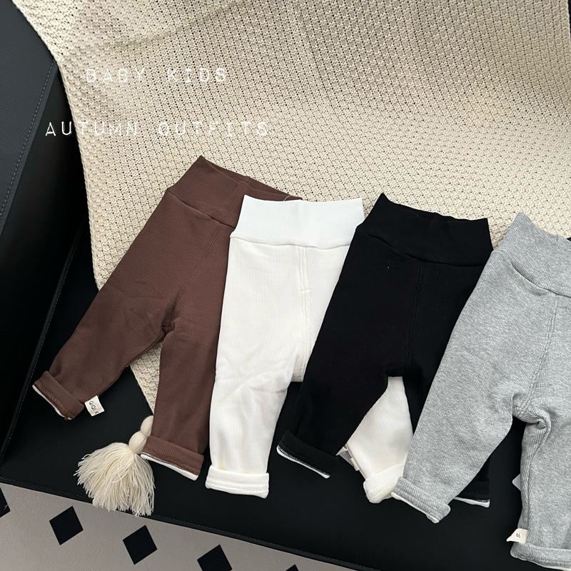 ins婴幼儿童高腰护肚裤男女宝宝冬季加绒螺纹弹力百搭打底裤长裤 - 图3