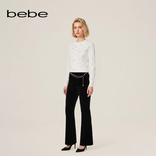 bebe2026秋季新款女士气质千金风花纹装饰针织开衫330601 - 图0