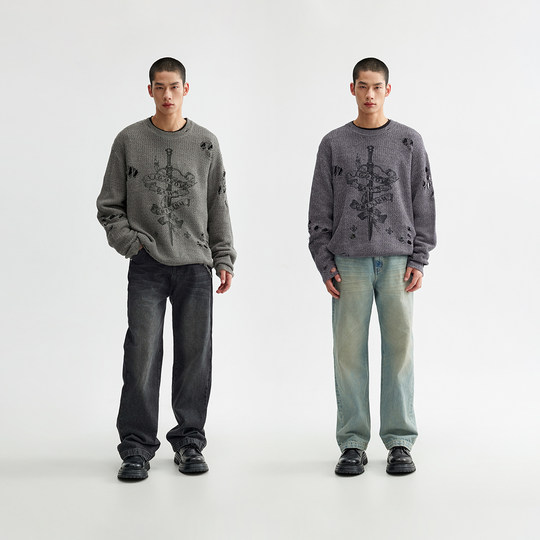 CHINISM赤尘 破洞做旧宽松落肩圆领毛衣男秋季慵懒风情侣针织衫