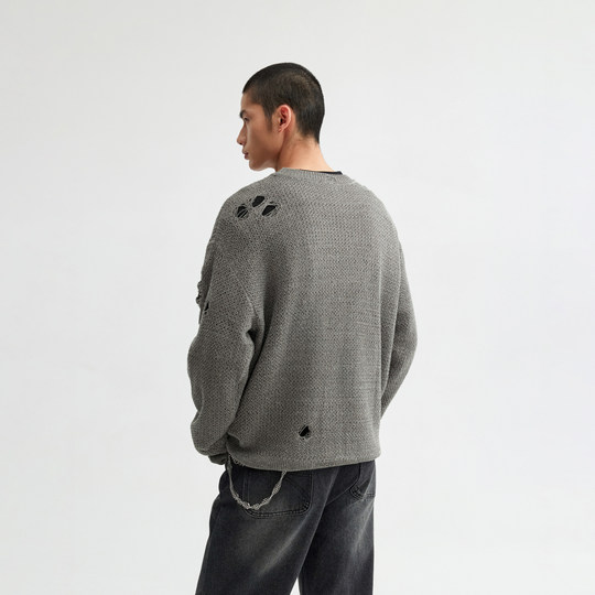 CHINISM赤尘 破洞做旧宽松落肩圆领毛衣男秋季慵懒风情侣针织衫