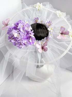 新品浪漫婚礼紫色花花帷帽连纱
