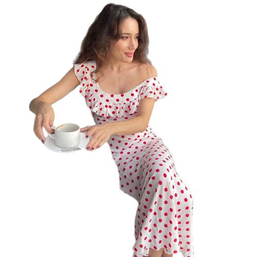 Flattering sexy floral print strapless dress格波点一字露肩收 - 图3