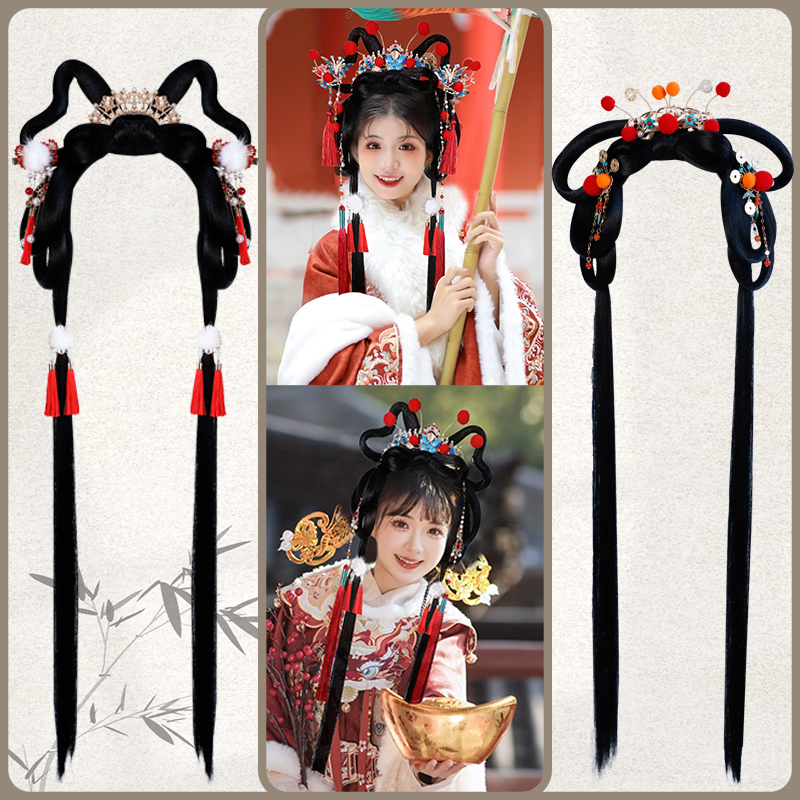 古装汉服一体式懒人假发包发箍古风明制新年戏曲气质毛球发冠发夹,淘宝优惠券,粉丝福利购,淘宝优惠卷