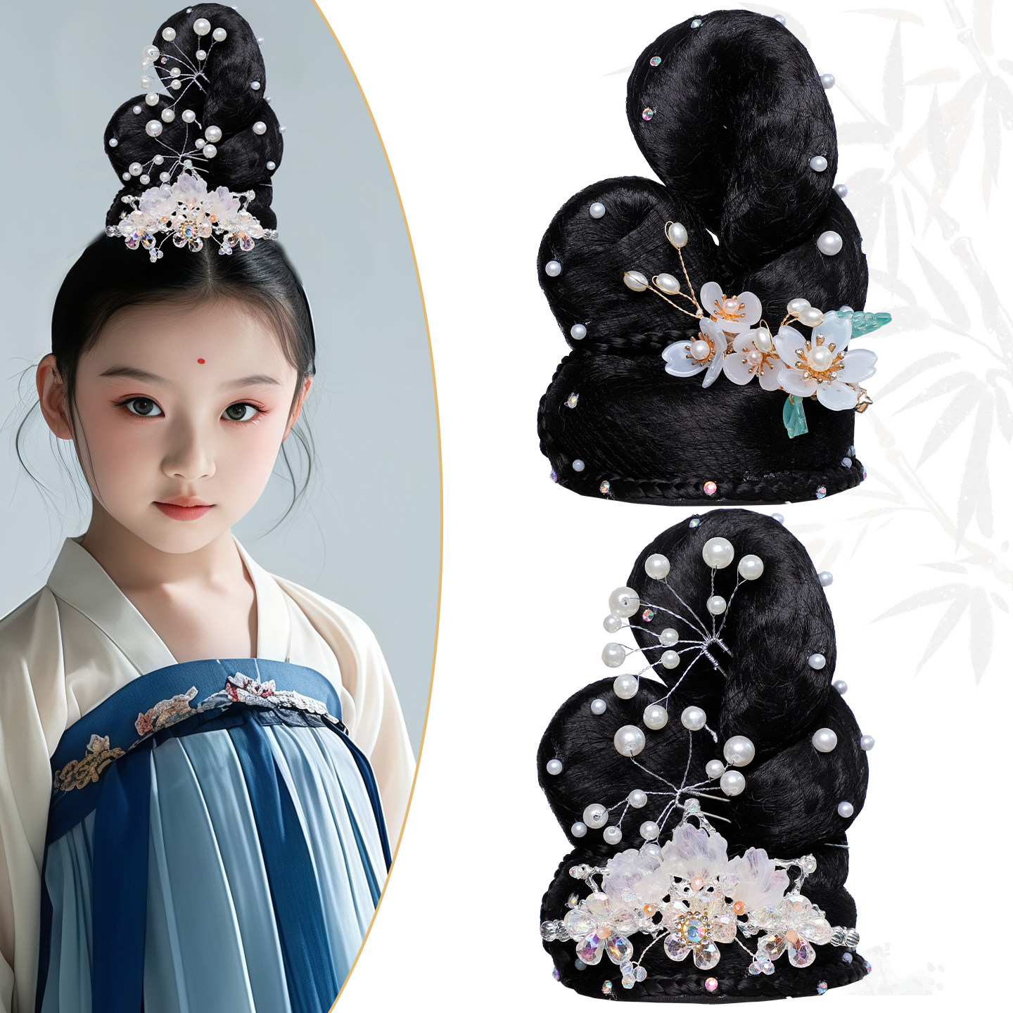 百搭儿童古风假发饰品组合一体式发髻女童唐风写真造型垫发包头饰,淘宝优惠券,粉丝福利购,淘宝优惠卷