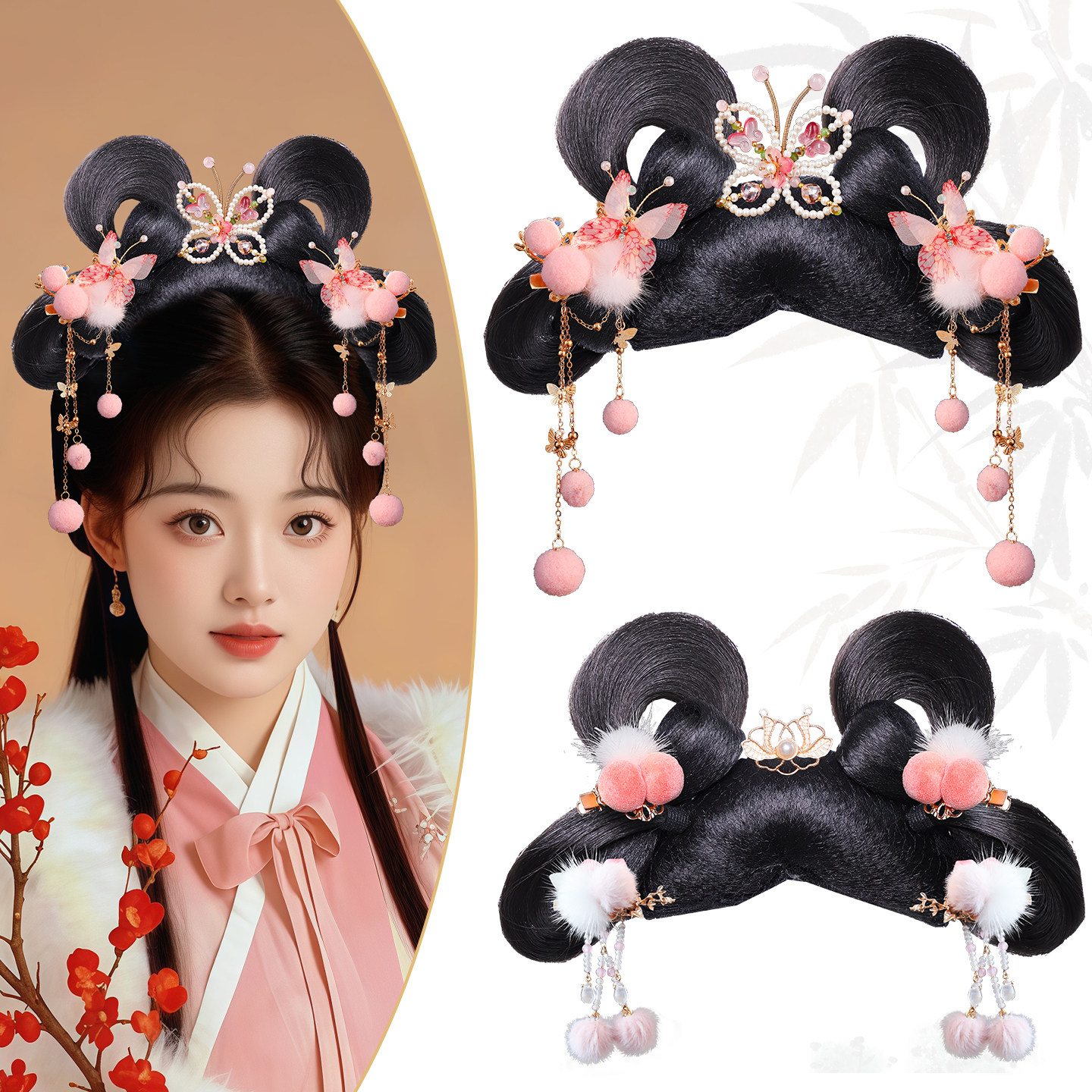 古风发髻假发包古装汉服造型甜美少女花朵果子流苏头饰演出假发,淘宝优惠券,粉丝福利购,淘宝优惠卷