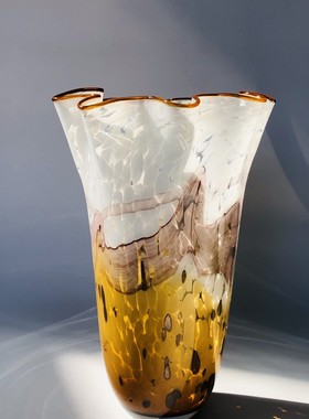 中古橘色褶皱花边拼色琉璃花器设计师复古花瓶样板房客厅茶几