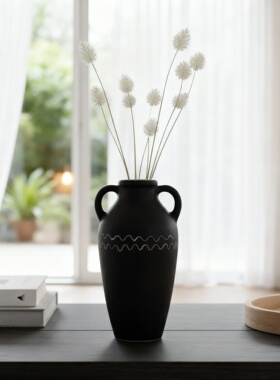 侘寂风黑色陶瓷双耳花瓶纯手工