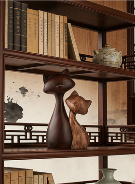 木雕猫咪摆件一对家居装饰品