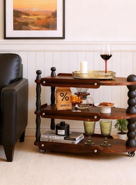 复古木质多层移动收纳推车摆件
