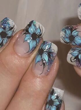 24pcs/set Medium long fake nails yellow dragon flowers feath