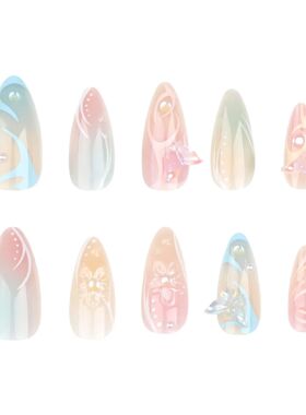 24pcs Summer Fake Nails Press on Almond Wearable 3D Butterfl