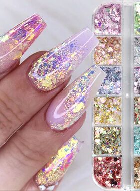 12 Grids Aurora Iridescent Mixed Hexagon Nail Glitter Sequ H