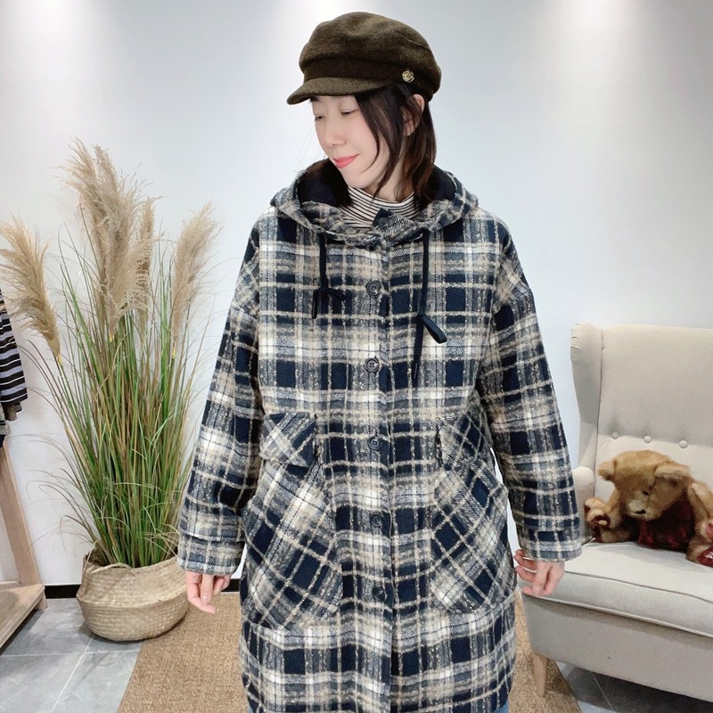 设计师英伦宽松大码文艺减龄连帽格子夹棉外套女毛呢保暖长款棉衣,淘宝优惠券,粉丝福利购,淘宝优惠卷